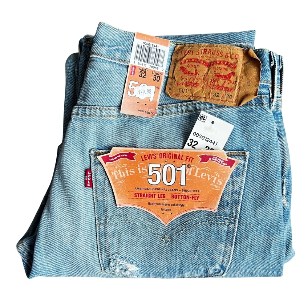 Levis 501 Original Fit Distressed Jeans Light Wash Button Fly 32x30 005012441